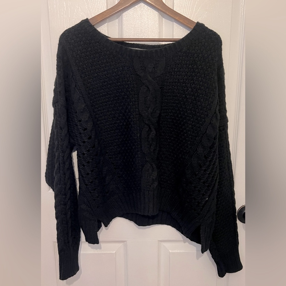 C2C Women's Black Cable Knit Wide Neck Sharkbite Hem Sweater Size L
